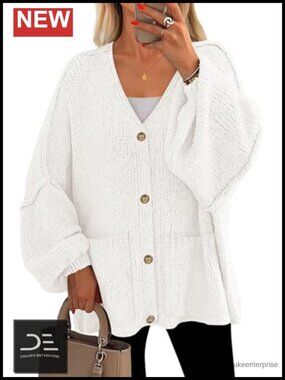 Chunky Oversized Cardigan Sweater with Button Down Lantern Sleeve & Pockets